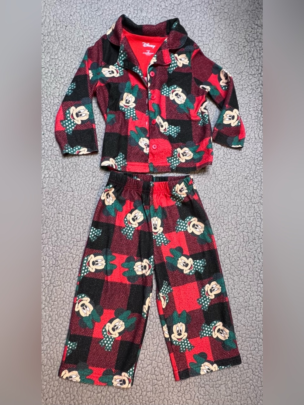 Disney Minnie Mouse Flannel Pajama Set Toddler Girls Size 2T Red And Green